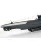Близък план на Сглобяем модел Revell - Подводница Type VII C в тъмносив цвят показва детайлни линии на панела и малка фигура в близост до носа, показан като умален модел на черна стойка на бял фон.-5-thumb