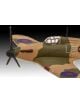 Близък план на модела на Revell "Самолети Спитфайър и Ураган Хоукър", показващ Hawker Hurricane Mk.I от Втората световна война в камуфлаж на RAF с витло, сенник на пилотската кабина и кръгли знаци, на фона на градиент, напомнящ небето на битката за Британ-3-thumb