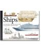 Книгата "Кораби: История и характеристики на 300 световноизвестни кораба" има корица с илюстрации на плавателни съдове като платноходка, шхуна, военен кораб, круизен лайнер и товарен кораб - идеална за любителите на кораби.-thumb