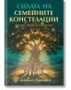 Корица на книгата на български език „Силата на семейните констелации – любовта, която освобождава“: сияйно дърво със златни листа над хора от всички възрасти, разположени в кръг, символизиращо семейните констелации и самопознанието, вдъхновено от Берт Хел-2-thumb