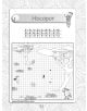 Скрити картинки: Посоки е черно-бял работен лист с мрежа, дървета, трева и птица. Той съдържа руски текст, математически пъзели и скрити картинки за фина моторика. Усмихната карикатура с молив украсява вълнообразния фон.-3-thumb