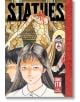 Корицата на "Статуи": Джунджи Ито, колекция "Разкази": двама сериозни тийнейджъри пред напукани статуи без глави и окървавена фигура с широко отворени очи и нож. Заглавието е в горната част, а в долния десен ъгъл е изписано Junji Ito Story Collection.-2-thumb