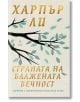 Корица на книгата с текст на кирилица, стилизирани клони на дърво със зелени листа върху бежово. Заглавие Страната на блажената вечност. Разкази и есета блести в златисто, напомняйки за теми от американската литература и "Да убиеш присмехулник".-2-thumb