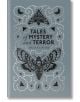 Корица на книгата "Приказки за мистерии и ужаси" с черни илюстрации на молци, паяци и тръни на текстуриран сиво-син фон.-thumb