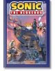 Корица на "Таралежът Соник - том 6: Последната минута". Соник, Тейлс, Ейми Роуз и Шепот карат танк в битката със зомби роботи. Над тях се извисява гигантско роботизирано лице. Изобразени са логото на SEGA и текст на кирилица.-2-thumb