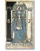 Илюстрация на карта Таро на Върховната жрица от Tarot Vintage, седнала между черно-бели колони с надписи B и J, държаща свитък с полумесец в краката си и цветен фон зад нея.-3-thumb