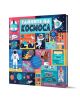Ярка корица на детската книга "Тайните на Космоса" с илюстрации на космическа тематика - астронавти, ракети, планети, спътници, куче в скафандър - и български текст, който приканва децата да изследват тайните на космоса в тази интерактивна книга.-1-thumb
