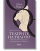 Корица на книгата на български език за „Театрите на тялото“, на която е изобразена силует на бял кон върху преплитащи се тъмни пръстени на лилав фон. Заглавието „Театрите на тялото“ е придружено от подзаглавие, описващо психоаналитичен подход към психосом-2-thumb