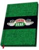 Тефтерът ABYstyle Friends Central Perk A5 е зелен тефтер с логото на Central Perk, две чаши за кафе с пара и рисунки на емблематични фрази и предмети от "Приятели" на заден план.-1-thumb