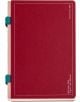 A затворен червен тефтер Miquelrius B2B Doble Rojo A5 с комбинирано съдържание, меки корици, заоблени ъгли и ластик на гърба; бял надпис в ъгъла показва размера и марката.-1-thumb