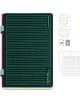 Тефтерът Mifter Miquelrius B2B Doble Verde A5 с комбинирано съдържание има тъмнозелена твърда корица с жълти линии, гръбнак в цвят бордо, светлозелен ластик, вмъкнати изображения на линирани/решетъчни/точковидни страници и 96 листа хартия с плътност 70 gs-2-thumb