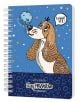 Тефтерче Drasca Stay PAWsitive Moonie A6 със спирала, 80 листа, с илюстрация на кафяво-бяло куче под синя луна и надпис "I woof you". Корица с текст "NOTEBOOK Stay PAWsitive" на син фон.-3-thumb