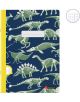 Тетрадка Miquelrius Dino Fossil A4 с 48 листа и малки квадратчета — синя корица със зелени и бели скелети на динозаври, жълт гръб и бяло поле за надпис. Изработена е от качествена хартия и съдържа листа със сини и червени линии в малки квадратчета, както -3-thumb