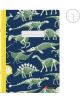 Тетрадка Miquelrius Dino Fossil A4, 48 листа, с тъмносиня корица и винено-жълт гръб, украсена със зелени и бели скелети на динозаври. Включва правоъгълно поле за етикет и илюстрация на широките редове върху качествената хартия.-4-thumb