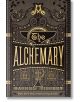 Корицата на книгата "Алхимикът" с украсени златни и черни шарки на портата, алхимични магически символи и декоративни надписи; името на автора е изписано в долната част.-2-thumb