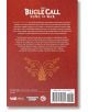 Задната корица на The Bugle Call: Песен на войната, том 3 има червен фон със стилизирани жълти линии, наподобяващи тръби, горе - подробности за сюжета на кралство Галия, а в долната част - информация за издателя.-2-thumb