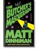 Корицата на книгата The Butcher's Masquerade (Dungeon Crawler Carl, Book 5) от Мат Диниман включва смел зелен текст, неоново синя котка със слънчеви очила на стълби, розови звезди и черепи и фигура, която пада през космически ловни полета.-thumb
