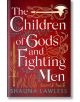 Корицата на книгата "Децата на боговете и бойците", историческо фентъзи, вдъхновено от ирландската митология, е с орнаментиран бял и златен текст върху наситено червено с детайли от меч, птица, брадва и листа - напомнящи за викингски Дъблин.-thumb