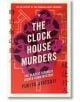 Корицата на книгата The Clock House Murders с червени и лилави часовникови механизми на оранжево-червен фон, с японски текст и удебелено бяло и червено заглавие на английски език, което подчертава този японски роман за мистерия в заключена стая.-2-thumb