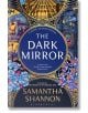 Корицата на книгата "Тъмното огледало" (The Bone Season, Book 5) е с богато украсени златни мотиви, сини и лилави цветя и градски сцени от поредицата, обграждащи заглавието в голям син кръг.-thumb