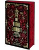 Декоративна корица на книгата The Final Gambit (The Inheritance Games Deluxe Edition, Book 3), идеална за колекционери и фенове, със златни и червени шахматни фигури, карти за игра и богато украсени мотиви на черен фон.-1-thumb