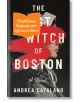 Корицата на книгата "Първата вещица от Бостън" от Андреа Каталано, на която е изобразена жена с боне, частично скрита от червен щрих на четката. Оранжев стикер на български език гласи: Очакваме корица от издателството.-thumb
