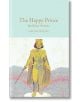 Корица на книгата "Щастливият принц и други истории" от колекционерската библиотека на Macmillan, с илюстрирана златна статуя на коронован принц, държащ меч, на пастелен фон с флорални мотиви.-thumb