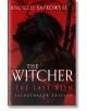 Корица на книгата The Last Wish Illustrated Edition (The Witcher, Book 1), на която Гералт от Ривия е сенчеста фигура с дълга коса и мечове на гърба на червен фон; заглавието на изданието е в долната част.-1-thumb