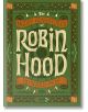 Корица на книгата "Веселите приключения на Робин Худ" с орнаментирани зелени и оранжеви рамки, стилизиран текст на заглавието и шарки на листа в илюстрованото издание.-thumb