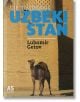 Корицата на книгата "Мистериозният Узбекистан" изобразява камила до осветена от слънцето тухлена стена и сини плочки, което я прави идеално четиво за пътуване в Узбекистан. В долния ляв ъгъл е изписано издателството "A5 books".-2-thumb