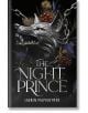 Корицата на книгата The Night Prince (The Wolf King, Book 2) включва метална, богато украсена глава на вълк, заобиколена от червени плодове и бодили на тъмен фон. Заглавието и името на автора са изписани с удебелен бял текст.-thumb