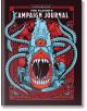 Дневникът на кампанията на играча (Dungeons and Dragons) има стилизиран син наблюдател с голямо централно око и отворена уста на корицата, заобиколен от червени и сини геометрични фигури - идеален за проследяване на сесиите на кампанията.-thumb