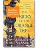Корицата на книгата "Приорът на портокаловото дърво", на която е изобразен дракон, навит около висока кула, а оранжевото българско знаме покрива частично жълтия и синия фон.-thumb