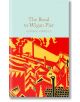 Корицата на книгата "Пътят към кея Уигън" (Macmillan Collector's Library) със смели червени, жълти и черни абстрактни илюстрации на индустриални сгради и комини на фона на бледосиньо небе.-thumb