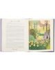 Отворената книга показва текст отляво и жива илюстрация на градина отдясно, включваща цветя, дървета, езерце и птица - идеална за почитателите на детски класики като "Тайната градина" (Arctutus Deluxe Children's Classics).-7-thumb
