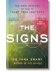 Корицата на книгата "Знаците" с жив градиентен фон, златни геометрични линии, препоръки от Джей Шети и Мел Робинс и подзаглавие "Новата наука за интуицията и синхроничностите".-thumb