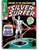 Корица на комикс от библиотеката на Marvel Comics: Силвър Сърфър, 1968-1970 г., показва Силвър Сърфър на дъска за сърф в космоса над планета. Текст: "Сребърният сърфист", "Голям премиерен брой" и "Произходът на Сребърния сърфист!" Създаден от Стан Лий.-1-thumb