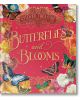Съкровищницата на стикери с цветя и пеперуди: декоративна корица на книгата със златни надписи, цветни пеперуди и стикери с винтидж цветя на червен фон - идеална за любителите на скрапбукинга.-1-thumb
