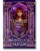 Корицата на книгата The Tempest Blade (The Bridge Kingdom, Book 6) от Даниел Л. Йенсен - фентъзи романс, чието действие се развива в Итикана, показваща дългокоса жена на фона на лилави скали, река и луна с декоративни флорални акценти.-thumb