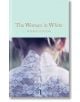 The Woman in White (Macmillan Collector's Library) има корица с гръб на жена в бяла дантелена рокля, златно заглавие и текст на автора, всичко това на бледосин фон.-thumb