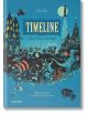 Корица на книгата Timeline: Визуална история на нашия свят, илюстрирана детска книга с причудливи сцени, хора, животни и изобретения на ярък син фон.-thumb