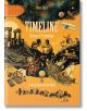 Корица на Timeline Science And Technology: Визуална история на нашия свят, с илюстрации на изобретения като кораби, роботи, компютри, велосипеди и цепелин за деца - на оранжев фон.-thumb