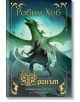 Фентъзи корицата на "Тронът, книга 3" показва мъж с наметало и меч пред зелен дракон в бурно небе. Заглавието и името на автора, Робин Хоб, са изписани с богато украсена златна кирилица, което бележи тази фентъзи трилогия.-2-thumb