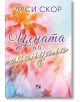Корицата на книгата "Цената на скандала" е в пастелни розови, сини и оранжеви нюанси с палмови дървета и курсивен текст на български език, което подсказва темите за корпоративни интриги и кризисен PR.-2-thumb