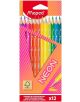 Кутия с 12 цветни моливи Maped Neon в ярки, дъговидни нюанси, подредени в триъгълна витрина. На смелата червена опаковка има надпис NEON и информация за продукта на английски, френски и испански език - предлага се в книжарница Orange.-1-thumb
