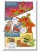 Комикс страница от "Последните комикси на Земята - книга 2: Твърде много злодеи вече са на пазара", показваща супергерой, летящ над говорещи зеленчуци и храни, всичко това с жив български диалог.-7-thumb