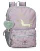 Enso Beautiful Day ученическа раница е в пастелни розови и сиви тонове, с щампа на дакел, златен текст "Enjoy a beautiful day", флорални мотиви и ментовозелен ключодържател със сърце на ципа.-1-thumb