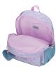 Ученическа раница Enso Cute Girl с две отделения в пастелен цвят с отворено основно отделение, разкриващо вътрешност с розови и сини шарки, с лепенка на Joumma Bags и пухкаво синьо сърце на ципа.-4-thumb