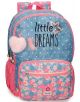 Синя и розова ученическа раница Enso Little Dreams с две отделения от Joumma Bags, с флорални мотиви, точки, надпис "little DREAMS", пухкав розов ключодържател и няколко джоба с цип.-1-thumb