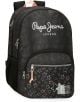 Черна ученическа раница Pepe Jeans Cintia с две отделения, 44 см, с голям преден джоб с цветни звезди и щампа на малко куче, мрежест страничен джоб и сребърни ципове.-1-thumb